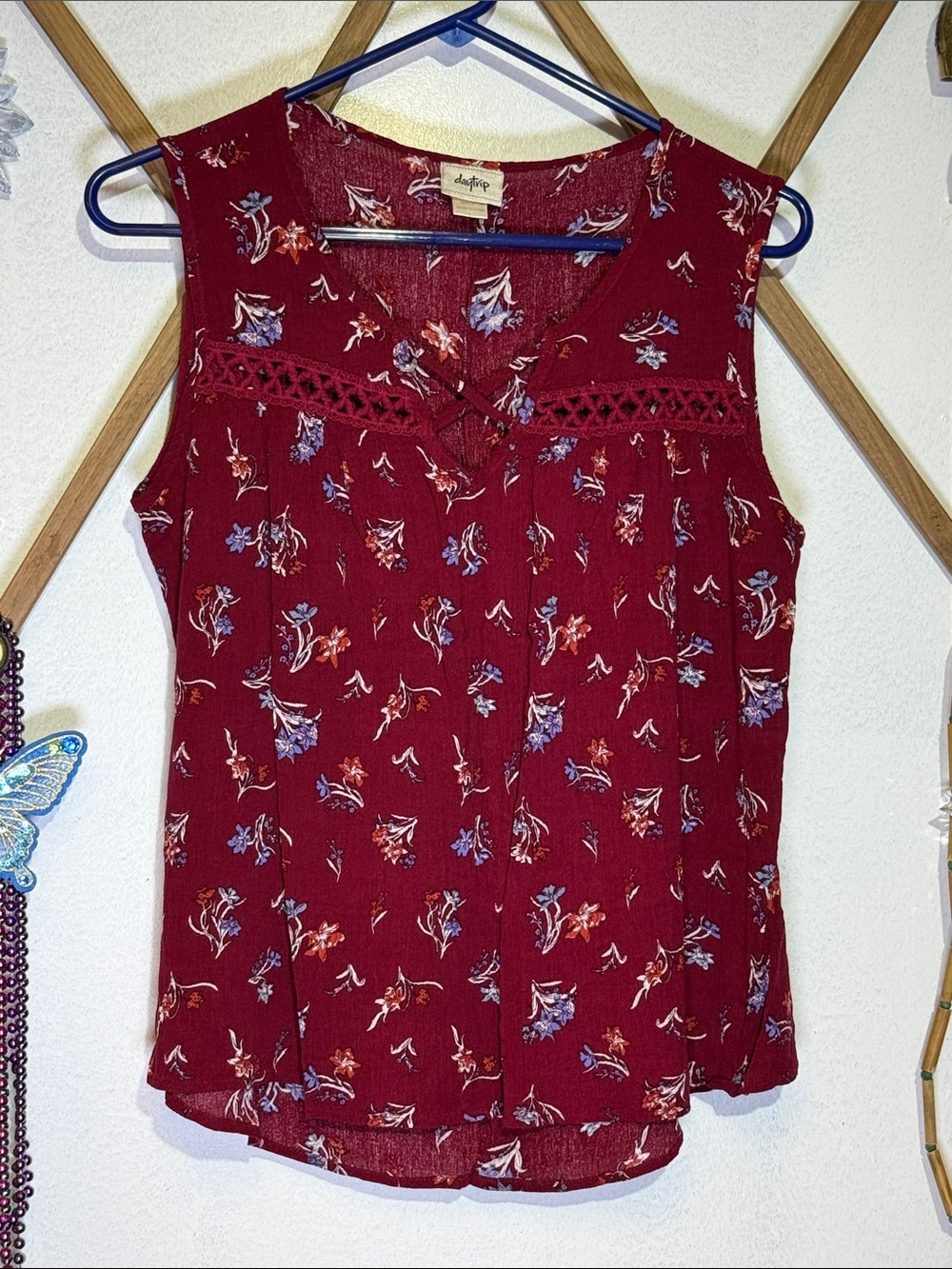 Daytrip Burgundy Floral Crochet-Trim Sleeveless Top